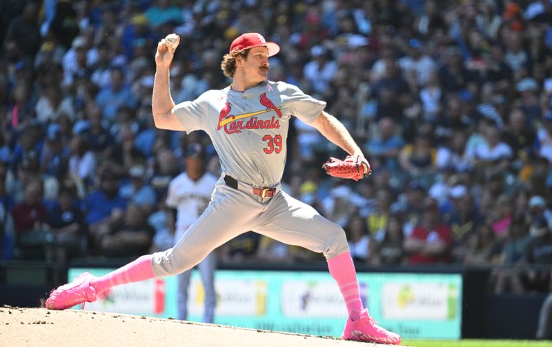 May 12, 2024; Milwaukee, Wisconsin, USA; St. Louis Cardinals pitcher Miles Mikolas (39) delivers a pitch against the Milwaukee Brewers in the first inning at American Family Field. Mandatory Credit: Michael McLoone-USA TODAY Sports