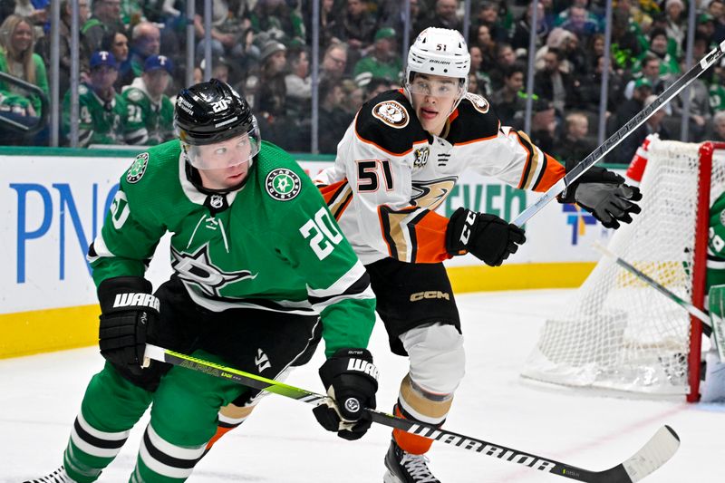 Jan 25, 2024; Dallas, Texas, USA; Dallas Stars defenseman Ryan Suter (20) and Anaheim Ducks defenseman Olen Zellweger (51) chase the puck in the Dallas zone during the first period at the American Airlines Center. Mandatory Credit: Jerome Miron-USA TODAY Sports