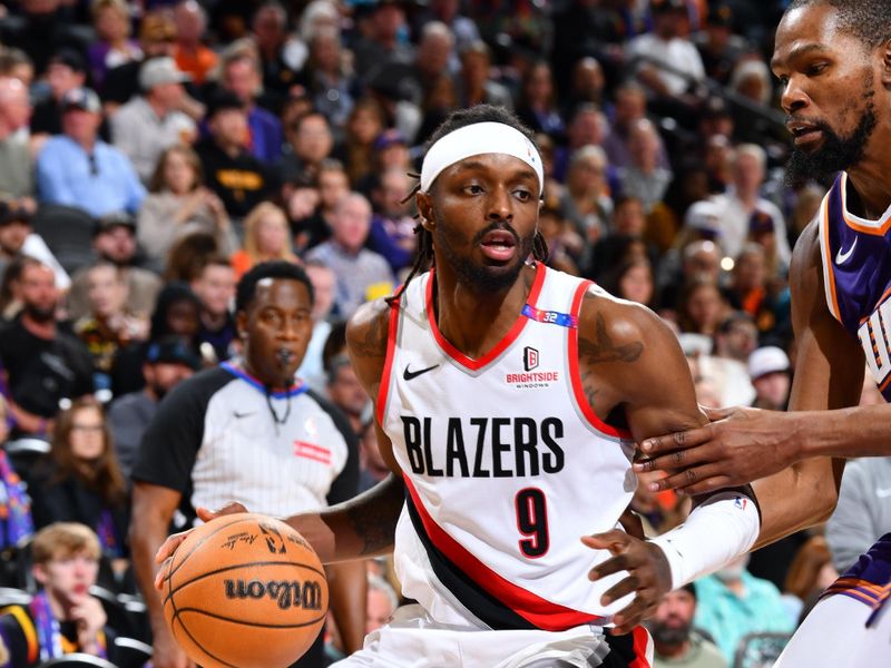 PHOENIX, AZ - NOVEMBER 2: Jerami Grant #9 of the Portland Trail Blazers dribbles the ball during the game against the Phoenix Suns on November 2, 2024 at Footprint Center in Phoenix, Arizona. NOTE TO USER: User expressly acknowledges and agrees that, by downloading and or using this photograph, user is consenting to the terms and conditions of the Getty Images License Agreement. Mandatory Copyright Notice: Copyright 2024 NBAE (Photo by Barry Gossage/NBAE via Getty Images)