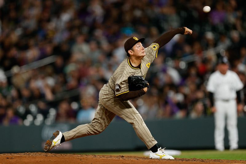 Apr 24, 2024; Denver, Colorado, USA; San Diego Padres relief pitcher Yuki Matsui (1) pitches in the seventh inning against the Colorado Rockies at Coors Field. Mandatory Credit: Isaiah J. Downing-USA TODAY Sports