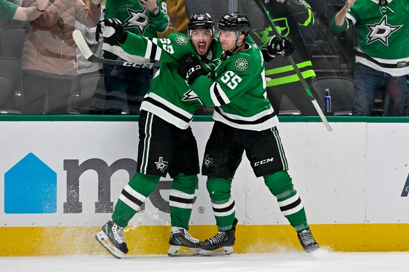 Dec 21, 2023; Dallas, Texas, USA; Dallas Stars center Matt Duchene (95) and defenseman Thomas Harley (55) celebrates after Duchene scores the game winning goal against the Vancouver Canucks during the overtime period at the American Airlines Center. Mandatory Credit: Jerome Miron-USA TODAY Sports