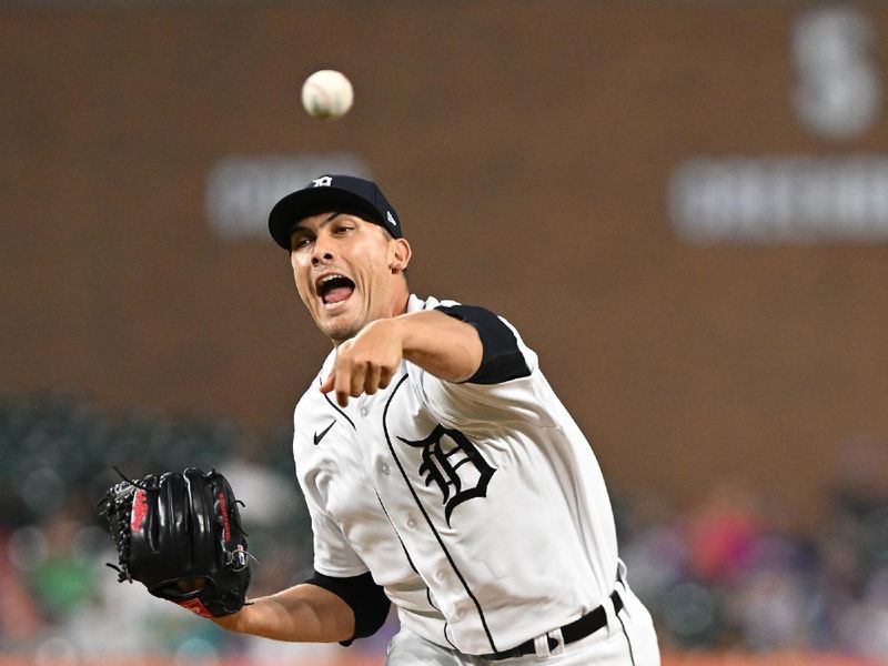 Aug 21, 2023; Detroit, Michigan, USA; Detroit Tigers relief pitcher Andrew Vasquez (65) throws a pitch against the Chicago Cubs in the eighth inning at Comerica Park. Mandatory Credit: Lon Horwedel-USA TODAY Sports