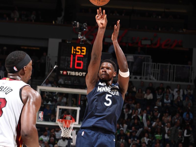 MINNEAPOLIS, MN -  NOVEMBER 10: Anthony Edwards #5 of the Minnesota Timberwolves shoots the ball during the game against the Miami Heat on November 10, 2024 at Target Center in Minneapolis, Minnesota. NOTE TO USER: User expressly acknowledges and agrees that, by downloading and or using this Photograph, user is consenting to the terms and conditions of the Getty Images License Agreement. Mandatory Copyright Notice: Copyright 2024 NBAE (Photo by David Sherman/NBAE via Getty Images)