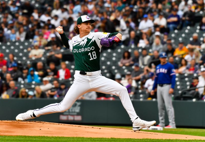 May 11, 2024; Denver, Colorado, USA; Colorado Rockies pitcher Ryan Feltner (18) delivers against the Texas Rangers during the first inning at Coors Field. Mandatory Credit: John Leyba-USA TODAY Sports