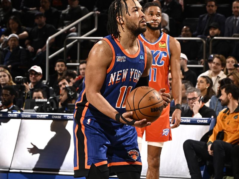 NEW YORK, NY - MARCH 31: Jalen Brunson #11 of the New York Knicks shoots a free throw during the game against the Oklahoma City Thunder on March 31, 2024 at Madison Square Garden in New York City, New York.  NOTE TO USER: User expressly acknowledges and agrees that, by downloading and or using this photograph, User is consenting to the terms and conditions of the Getty Images License Agreement. Mandatory Copyright Notice: Copyright 2024 NBAE  (Photo by David Dow/NBAE via Getty Images)