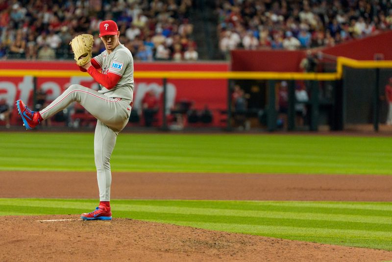 Sep 19, 2025; Phoenix, Arizona, USA;  Philadelphia Phillies infielder Bryson Stott (5) runs in to make the out to end the eighth inning against the Arizona Diamondbacks at Chase Field. Mandatory Credit: Allan Henry-Imagn Images