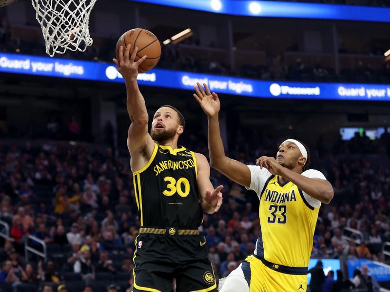 SAN FRANCISCO, CALIFORNIA - MARCH 22: Stephen Curry #30 of the Golden State Warriors goes up for a shot on Myles Turner #33 of the Indiana Pacers in the first half at Chase Center on March 22, 2024 in San Francisco, California. NOTE TO USER: User expressly acknowledges and agrees that, by downloading and or using this photograph, User is consenting to the terms and conditions of the Getty Images License Agreement.  (Photo by Ezra Shaw/Getty Images)