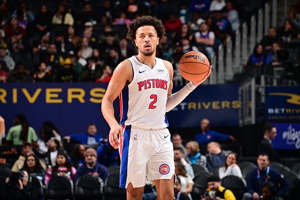 DETROIT, MI - DECEMBER 11: Cade Cunningham #2 of the Detroit Pistons handles the ball during the game against the Indiana Pacers on December 11, 2023 at Little Caesars Arena in Detroit, Michigan. NOTE TO USER: User expressly acknowledges and agrees that, by downloading and/or using this photograph, User is consenting to the terms and conditions of the Getty Images License Agreement. Mandatory Copyright Notice: Copyright 2023 NBAE (Photo by Chris Schwegler/NBAE via Getty Images)