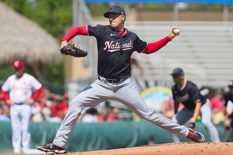 Mar 11, 2024; Jupiter, Florida, USA; Washington Nationals starting pitcher Patrick Corbin (46) delivers a pitch against the St. Louis Cardinals during the first inning at Roger Dean Chevrolet Stadium. Mandatory Credit: Sam Navarro-USA TODAY Sports