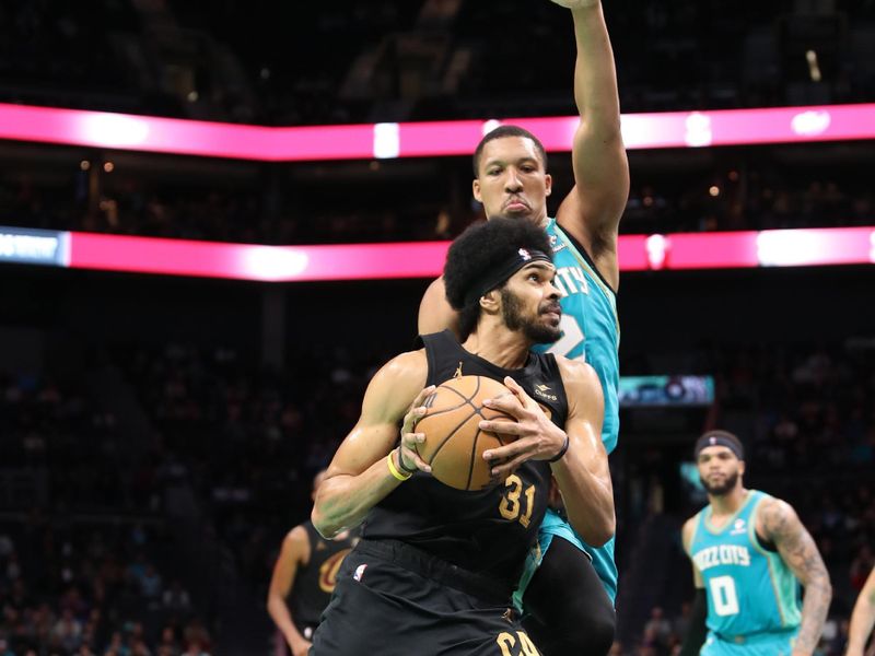 CHARLOTTE, NC - MARCH 27: Jarrett Allen #31 of the Cleveland Cavaliers drives to the basket during the game against the Charlotte Hornets on March 27, 2024 at Spectrum Center in Charlotte, North Carolina. NOTE TO USER: User expressly acknowledges and agrees that, by downloading and or using this photograph, User is consenting to the terms and conditions of the Getty Images License Agreement.  Mandatory Copyright Notice:  Copyright 2024 NBAE (Photo by Brock Williams-Smith/NBAE via Getty Images)