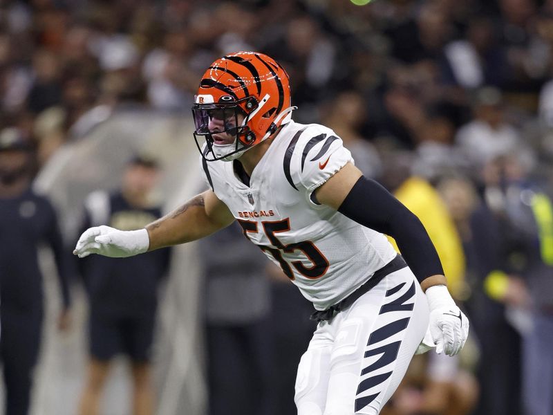 Cincinnati Bengals linebacker Logan Wilson (55) during an NFL football game against the New Orleans Saints, Sunday, Oct. 16, 2022, in New Orleans. (AP Photo/Tyler Kaufman)