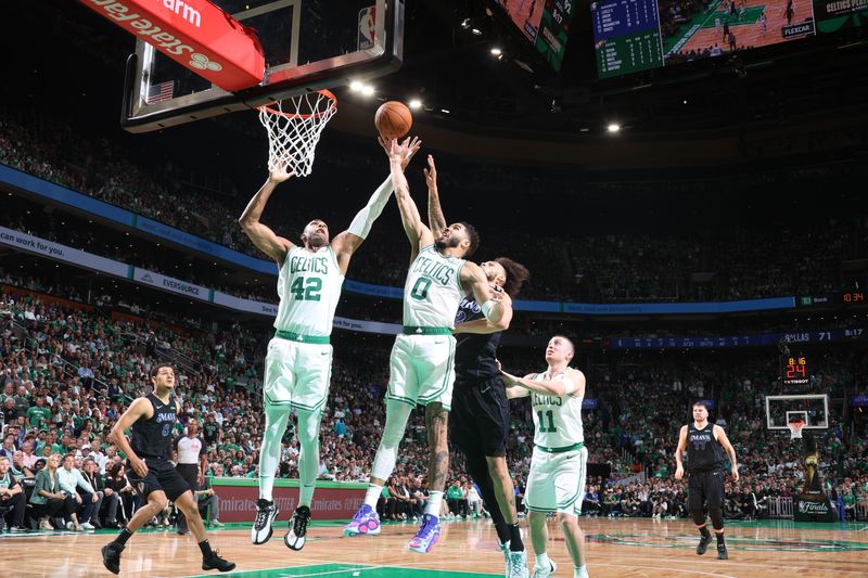 BOSTON, MA - JUNE 6: Jayson Tatum #0 of the Boston Celtics drives to the basket during the game against the Dallas Mavericks during Game 1 of the 2024 NBA Finals on June 6, 2024 at the TD Garden in Boston, Massachusetts. NOTE TO USER: User expressly acknowledges and agrees that, by downloading and or using this photograph, User is consenting to the terms and conditions of the Getty Images License Agreement. Mandatory Copyright Notice: Copyright 2024 NBAE  (Photo by Nathaniel S. Butler/NBAE via Getty Images)
