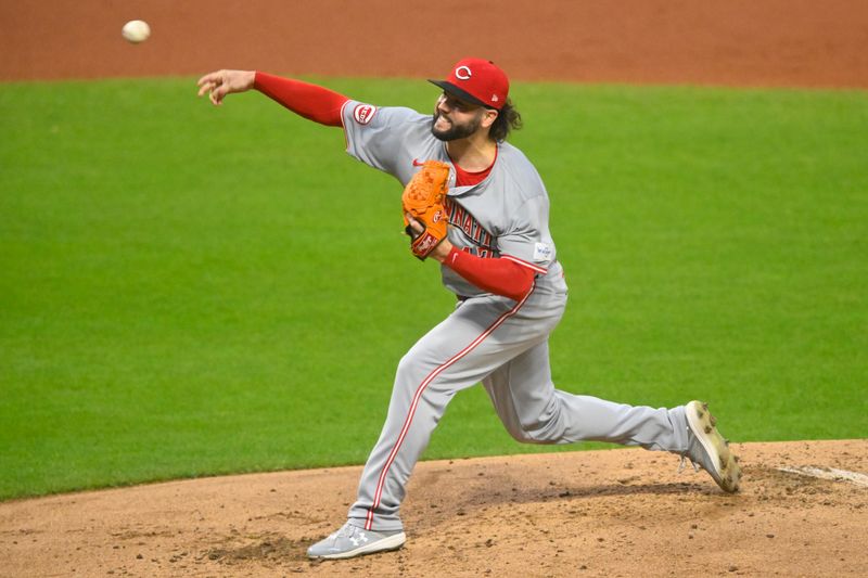 Sep 25, 2024; Cleveland, Ohio, USA; Cincinnati Reds starting pitcher Jakob Junis (47) delivers a pitch in the first inning against the Cleveland Guardians at Progressive Field. Mandatory Credit: David Richard-Imagn Images