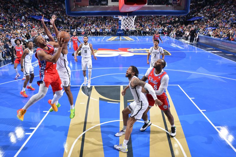 PHILADELPHIA, PA - NOVEMBER 22: Eric Gordon #23 of the Philadelphia 76ers drives to the basket during the game against the Brooklyn Nets during the Emirates NBA Cup game on November 22, 2024 at the Wells Fargo Center in Philadelphia, Pennsylvania NOTE TO USER: User expressly acknowledges and agrees that, by downloading and/or using this Photograph, user is consenting to the terms and conditions of the Getty Images License Agreement. Mandatory Copyright Notice: Copyright 2024 NBAE (Photo by Jesse D. Garrabrant/NBAE via Getty Images)