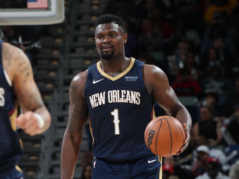 NEW ORLEANS, LA - JANUARY 17:  Zion Williamson #1 of the New Orleans Pelicans dribbles the ball during the game against the Utah Jazz on January 17, 2025 at the Smoothie King Center in New Orleans, Louisiana. NOTE TO USER: User expressly acknowledges and agrees that, by downloading and or using this Photograph, user is consenting to the terms and conditions of the Getty Images License Agreement. Mandatory Copyright Notice: Copyright 2025 NBAE (Photo by Layne Murdoch Jr./NBAE via Getty Images)