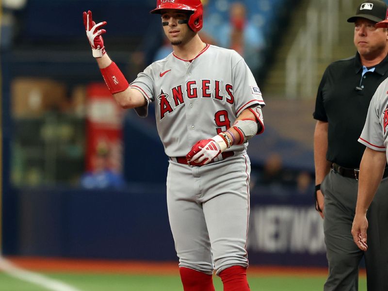 Sep 21, 2023; St. Petersburg, Florida, USA; Los Angeles Angels shortstop Zach Neto (9) reacts after he singles against the Tampa Bay Rays during the first inning at Tropicana Field. Mandatory Credit: Kim Klement Neitzel-USA TODAY Sports