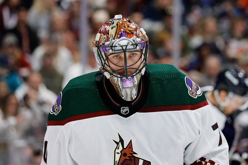 Feb 18, 2024; Denver, Colorado, USA; Arizona Coyotes goaltender Karel Vejmelka (70) in the second period against the Colorado Avalanche at Ball Arena. Mandatory Credit: Isaiah J. Downing-USA TODAY Sports