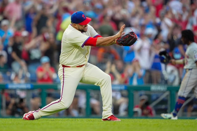 Sep 14, 2024; Philadelphia, Pennsylvania, USA; Philadelphia Phillies pitcher Carlos Estevez (53) reacts after getting the final out to defeat the New York Mets at Citizens Bank Park. Mandatory Credit: Gregory Fisher-Imagn Images