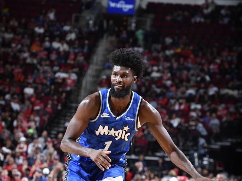 HOUSTON, TX - APRIL 9: Jonathan Isaac #1 of the Orlando Magic handles the ball during the game against the Houston Rockets on April 9, 2024 at the Toyota Center in Houston, Texas. NOTE TO USER: User expressly acknowledges and agrees that, by downloading and or using this photograph, User is consenting to the terms and conditions of the Getty Images License Agreement. Mandatory Copyright Notice: Copyright 2024 NBAE (Photo by Logan Riely/NBAE via Getty Images)