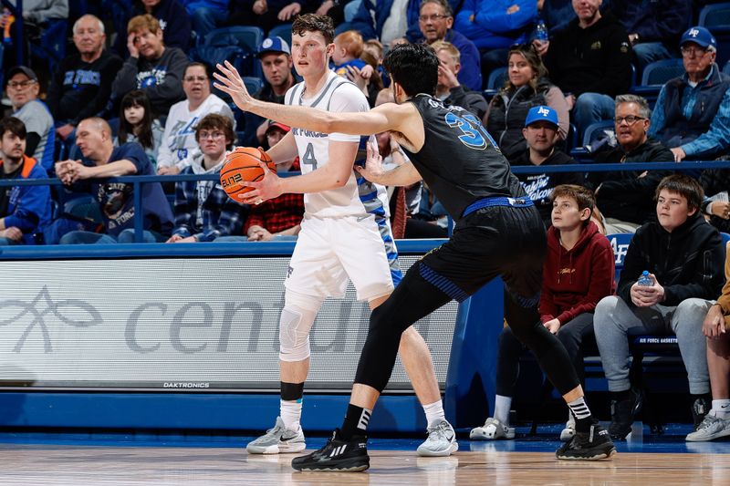 Mar 4, 2023; Colorado Springs, Colorado, USA; Air Force Falcons guard Carter Murphy (4) looks to pass as San Jose State Spartans forward Tibet Gorener (31) guards in the second half at Clune Arena. Mandatory Credit: Isaiah J. Downing-USA TODAY Sports