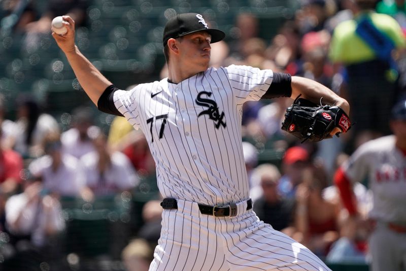 Jun 9, 2024; Chicago, Illinois, USA; Chicago White Sox pitcher Chris Flexen (77) throws the ball against the Boston Red Sox during the first inning at Guaranteed Rate Field. Mandatory Credit: David Banks-USA TODAY Sports