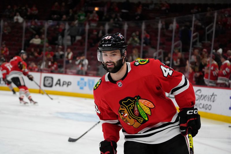 Jan 22, 2023; Chicago, Illinois, USA; Chicago Blackhawks center Colin Blackwell (43) warms up before the game against the Los Angeles Kings at United Center. Mandatory Credit: David Banks-USA TODAY Sports