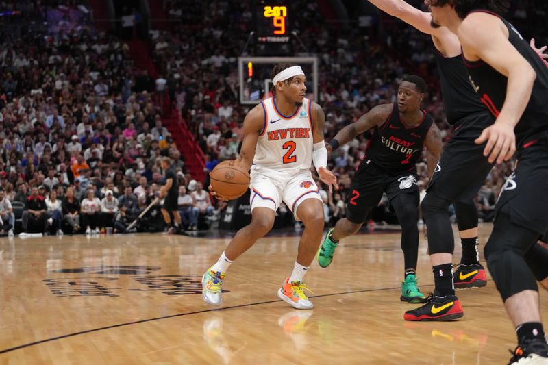 MIAMI, FL - APRIL 2: Miles McBride #2 of the New York Knicks dribbles the ball during the game against the Miami Heat on April 2, 2024 at Kaseya Center in Miami, Florida. NOTE TO USER: User expressly acknowledges and agrees that, by downloading and or using this Photograph, user is consenting to the terms and conditions of the Getty Images License Agreement. Mandatory Copyright Notice: Copyright 2024 NBAE (Photo by Eric Espada/NBAE via Getty Images)