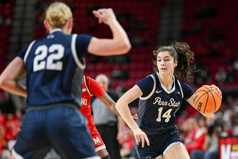 Feb 18, 2024; College Park, Maryland, USA;  Penn State Nittany Lions forward Kylie Lavelle (14) makes a move to the basket during the first half against the Maryland Terrapins at Xfinity Center. Mandatory Credit: Tommy Gilligan-USA TODAY Sports