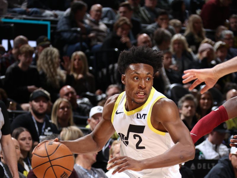 SALT LAKE CITY, UT - APRIL 2: Colin Sexton #2 of the Utah Jazz drives to the basket during the game against the Cleveland Cavaliers on April 2, 2024 at Delta Center in Salt Lake City, Utah. NOTE TO USER: User expressly acknowledges and agrees that, by downloading and or using this Photograph, User is consenting to the terms and conditions of the Getty Images License Agreement. Mandatory Copyright Notice: Copyright 2024 NBAE (Photo by Melissa Majchrzak/NBAE via Getty Images)