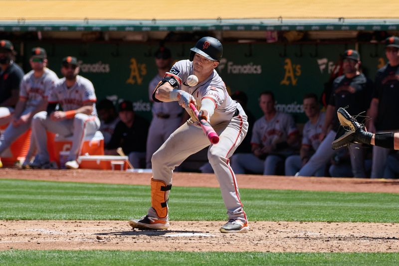 Aug 18, 2024; Oakland, California, USA; San Francisco Giants outfielder Mike Yastrzemski (5) pops up a bunt against the Oakland Athletics during the fifth inning at Oakland-Alameda County Coliseum. Mandatory Credit: Robert Edwards-USA TODAY Sports