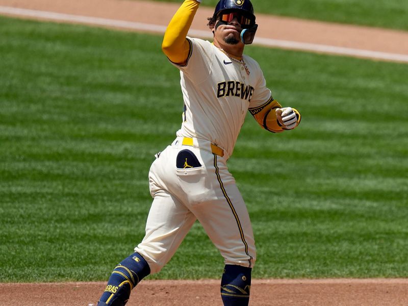 May 15, 2024; Milwaukee, Wisconsin, USA; Milwaukee Brewers catcher William Contreras (24) reacts after his three-run home run during the third inning of their game against the Pittsburgh Pirates at American Family Field. Mandatory Credit: Mark Hoffman-USA TODAY Sports