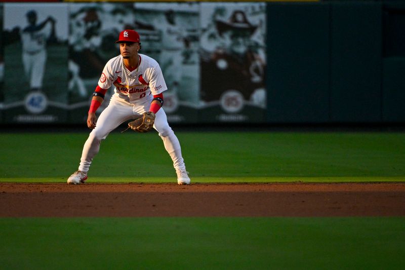 Jul 30, 2024; St. Louis, Missouri, USA;  St. Louis Cardinals shortstop Masyn Winn (0) reads himself during the second inning against the Texas Rangers at Busch Stadium. Mandatory Credit: Jeff Curry-USA TODAY Sports