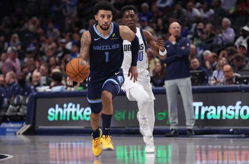 DALLAS, TX - OCTOBER 7: Scotty Pippen Jr. #1 of the Memphis Grizzlies handles the ball against the Dallas Mavericks in the second half of a preseason game at American Airlines Center on October 7, 2024 in Dallas, Texas. NOTE TO USER: User expressly acknowledges and agrees that, by downloading and or using this photograph, User is consenting to the terms and conditions of the Getty Images License Agreement. (Photo by Ron Jenkins/Getty Images)