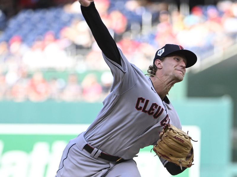 Apr 15, 2023; Washington, District of Columbia, USA; Cleveland Guardians starting pitcher Zach Plesac (34) throws to the Washington Nationals during the first inning at Nationals Park. Mandatory Credit: Brad Mills-USA TODAY Sports