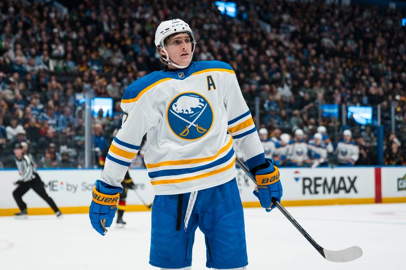 Dec 11, 2025; Vancouver, British Columbia, CAN; Buffalo Sabres forward Tage Thompson (72) celebrates his goal against the Vancouver Canucks in the second period at Rogers Arena. Mandatory Credit: Bob Frid-Imagn Images