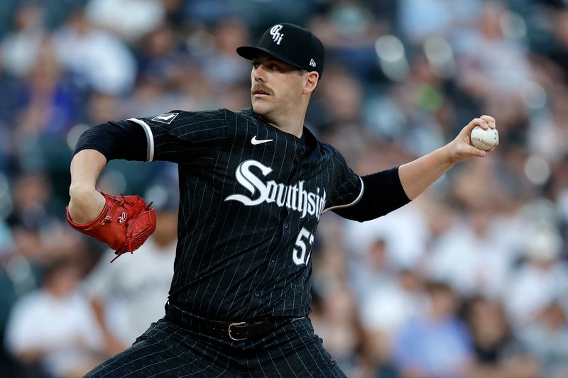 Aug 12, 2024; Chicago, Illinois, USA; Chicago White Sox pitcher Ky Bush (57) throws a pitch during the first inning against the New York Yankees at Guaranteed Rate Field. Mandatory Credit: Kamil Krzaczynski-USA TODAY Sports