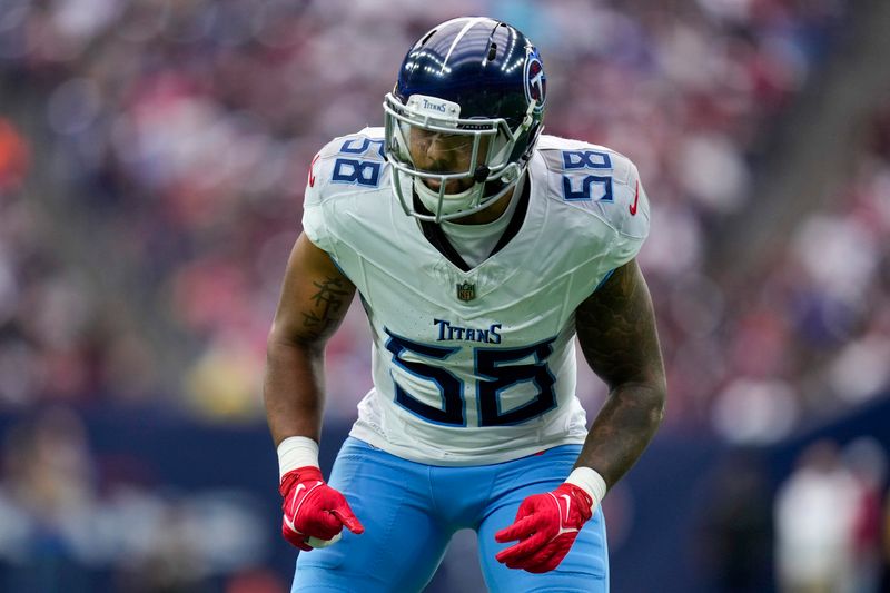 Tennessee Titans linebacker Harold Landry III (58) plays against the Houston Texans during the first half of an NFL football game Sunday, Dec. 31, 2023, in Houston. (AP Photo/Eric Christian Smith)