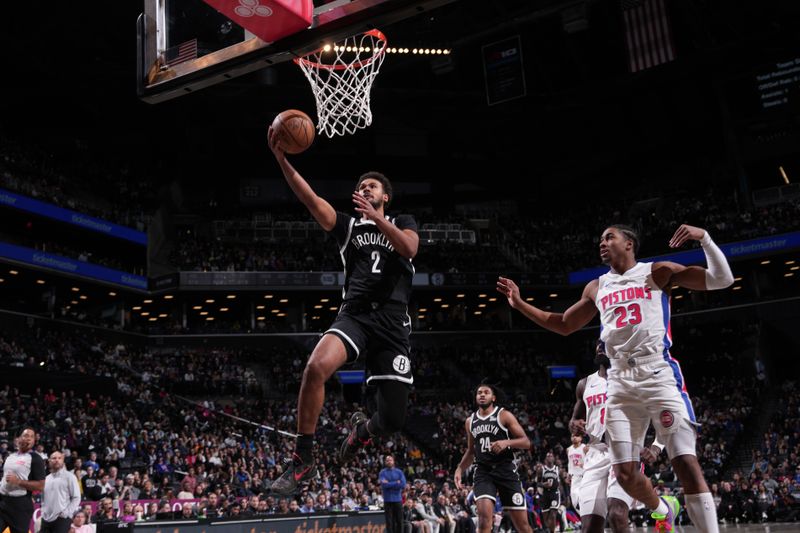 BROOKLYN, NY - NOVEMBER 3: Cameron Johnson #2 of the Brooklyn Nets drives to the basket during the game against the Detroit Pistons on November 3, 2024 at Barclays Center in Brooklyn, New York. NOTE TO USER: User expressly acknowledges and agrees that, by downloading and or using this Photograph, user is consenting to the terms and conditions of the Getty Images License Agreement. Mandatory Copyright Notice: Copyright 2024 NBAE (Photo by Jesse D. Garrabrant/NBAE via Getty Images)