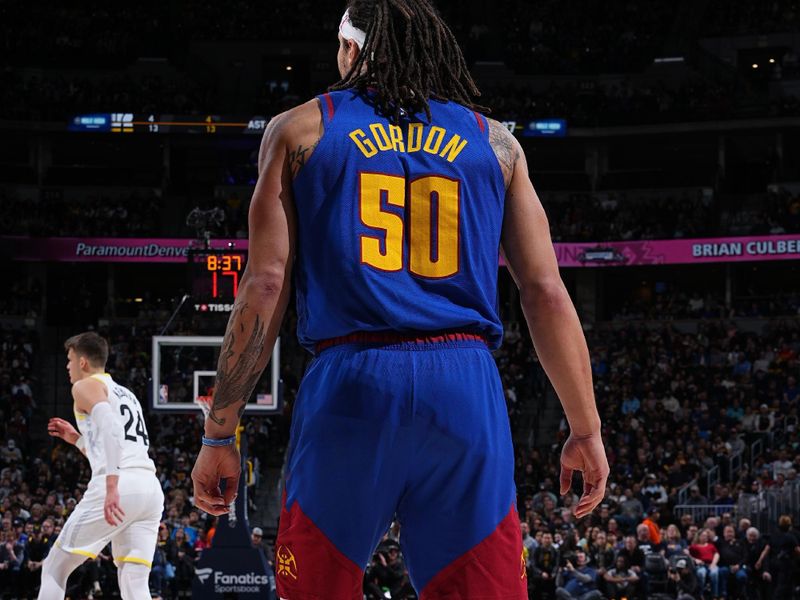 DENVER, CO - MARCH 9: Aaron Gordon #50 of the Denver Nuggets looks on during the game against the Utah Jazz on March 9, 2024 at the Ball Arena in Denver, Colorado. NOTE TO USER: User expressly acknowledges and agrees that, by downloading and/or using this Photograph, user is consenting to the terms and conditions of the Getty Images License Agreement. Mandatory Copyright Notice: Copyright 2024 NBAE (Photo by Garrett Ellwood/NBAE via Getty Images)