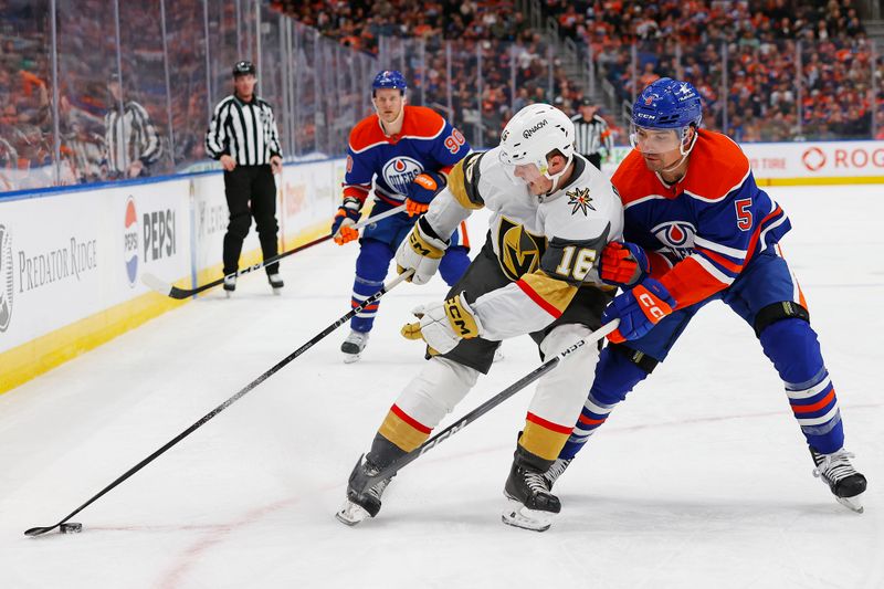 Apr 10, 2024; Edmonton, Alberta, CAN; Vegas Golden Knights forward Pavel Dorofeyev (16) protects the puck from Edmonton Oilers defensemen Cody Ceci (5) during the second period at Rogers Place. Mandatory Credit: Perry Nelson-USA TODAY Sports