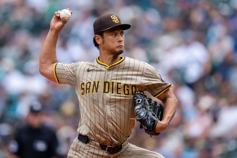 Aug 27, 2025; Seattle, Washington, USA; San Diego Padres starter Yu Darvish (11) delivers a pitch against the Seattle Mariners at T-Mobile Park. Mandatory Credit: Stephen Brashear-Imagn Images