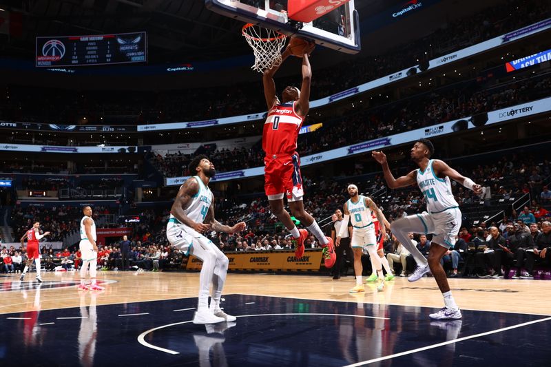 WASHINGTON, DC -? MARCH 8: Bilal Coulibaly #0 of the Washington Wizards drives to the basket during the game against the Charlotte Hornets on March 8, 2024 at Capital One Arena in Washington, DC. NOTE TO USER: User expressly acknowledges and agrees that, by downloading and or using this Photograph, user is consenting to the terms and conditions of the Getty Images License Agreement. Mandatory Copyright Notice: Copyright 2024 NBAE (Photo by Kenny Giarla/NBAE via Getty Images)