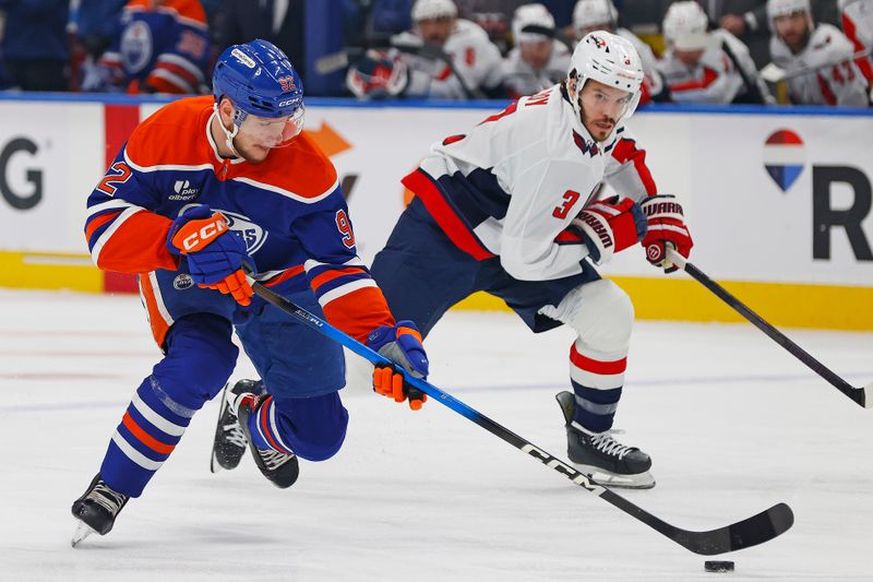 Jan 24, 2026; Edmonton, Alberta, CAN; Washington Capitals defensemen Matt Roy (3) chases Edmonton Oilers forward Vasily Podkolzin (92) up the ice during the first period at Rogers Place. Mandatory Credit: Perry Nelson-Imagn Images