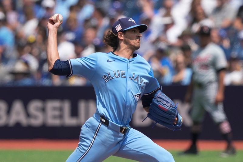 Jul 21, 2024; Toronto, Ontario, CAN; Toronto Blue Jays starting pitcher Kevin Gausman (34) pitches to the Detroit Tigers during the third inning at Rogers Centre. Mandatory Credit: John E. Sokolowski-USA TODAY Sports