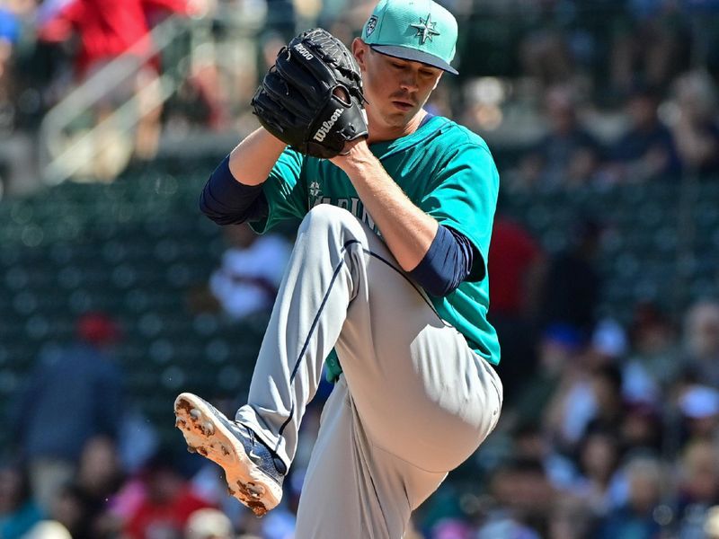 Mar 8, 2024; Mesa, Arizona, USA;  Seattle Mariners starting pitcher Emerson Hancock (62) throws in the first inning against the Chicago Cubs during a spring training game at Sloan Park. Mandatory Credit: Matt Kartozian-USA TODAY Sports