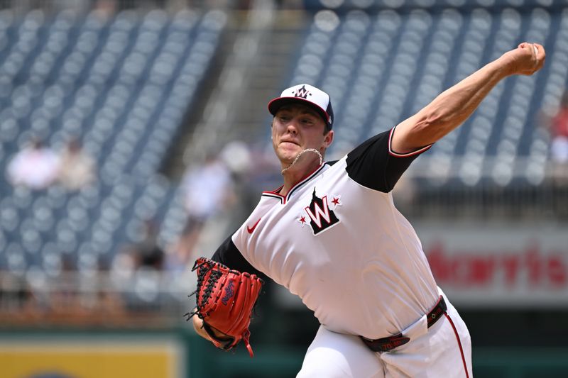 Aug 4, 2024; Washington, District of Columbia, USA; Washington Nationals starting pitcher Mitchell Parker (70) throws a pitch against the Milwaukee Brewers during the first inning at Nationals Park. Mandatory Credit: Rafael Suanes-USA TODAY Sports