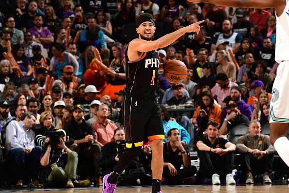 PHOENIX, AZ - NOVEMBER 15: Devin Booker #1 of the Phoenix Suns points during the game against the Minnesota Timberwolves on November 15, 2023 at Footprint Center in Phoenix, Arizona. NOTE TO USER: User expressly acknowledges and agrees that, by downloading and or using this photograph, user is consenting to the terms and conditions of the Getty Images License Agreement. Mandatory Copyright Notice: Copyright 2023 NBAE (Photo by Kate Frese/NBAE via Getty Images)