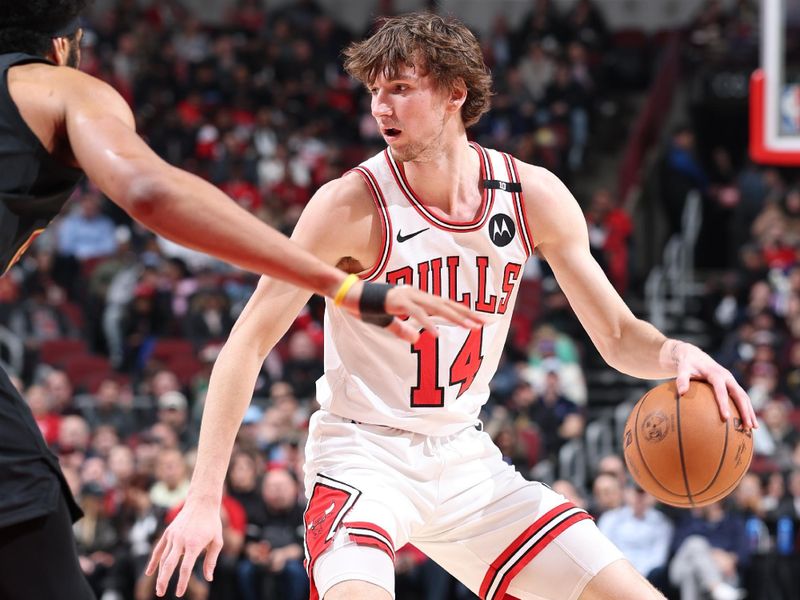 CHICAGO, IL - MARCH 4: Matas Buzelis #14 of Chicago Bulls dribbles the ball during the game against the Cleveland Cavaliers on March 4, 2025 at United Center in Chicago, Illinois. NOTE TO USER: User expressly acknowledges and agrees that, by downloading and or using this photograph, User is consenting to the terms and conditions of the Getty Images License Agreement. Mandatory Copyright Notice: Copyright 2025 NBAE (Photo by Jeff Haynes/NBAE via Getty Images)
