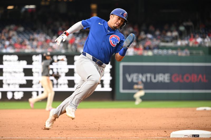 Aug 31, 2024; Washington, District of Columbia, USA; Chicago Cubs right fielder Seiya Suzuki (27) rounds third base against the Washington Nationals during the eighth inning at Nationals Park. Mandatory Credit: Rafael Suanes-USA TODAY Sports