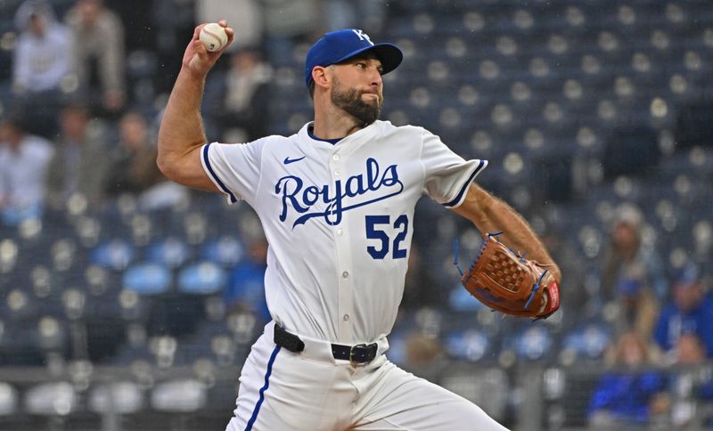 May 7, 2025; Kansas City, Missouri, USA;  Kansas City Royals starting pitcher Michael Wacha (52) throws a pitch in the first inning against the Chicago White Sox at Kauffman Stadium. Mandatory Credit: Peter Aiken-Imagn Images